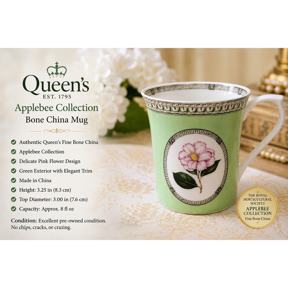 Queen's RHS Applebee Collection Camellia Fine Bone China Mug Mint Green‎ Pink